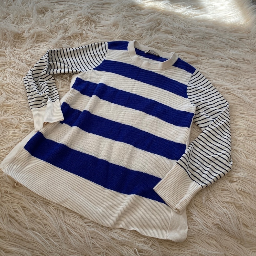 Loft Tunic Style Sweater, Blue Striped, Sz Lg - Picture 2 of 4